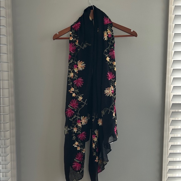 Source Unknown Accessories - Source Unknown Black Scarf with Pink & Yellow Floral Embroidery